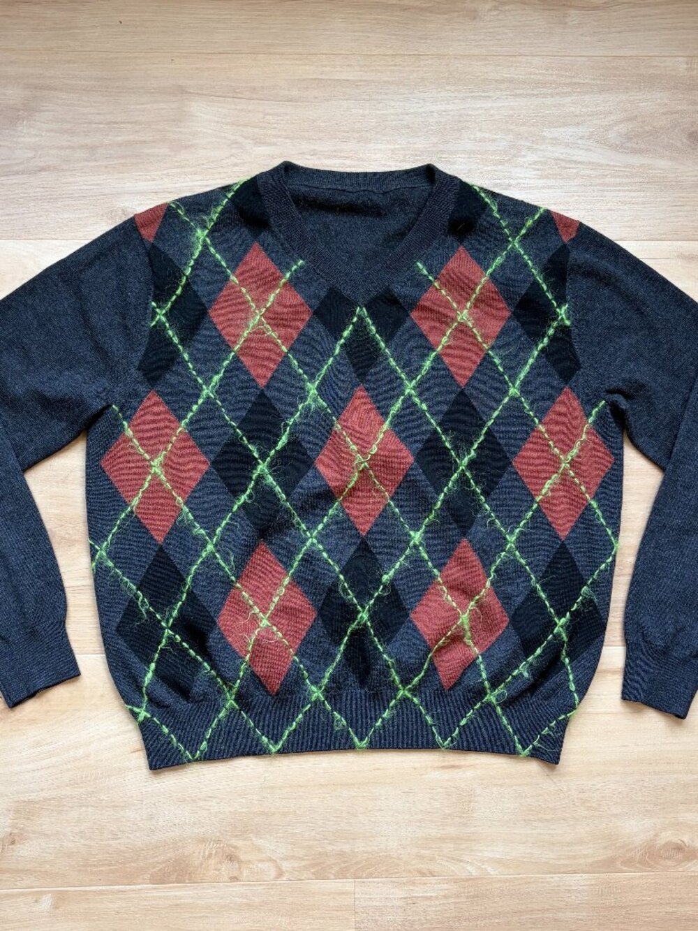 Acne Studios Men's Grey & Multicolour Merino Wool Argyle Sweater Size Medium